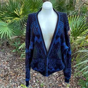 Chartwell blau und schwarz geometrischer V-Ausschnitt Cardigan Leder Diamanten 80er Größe 2X - Bild 1 von 11