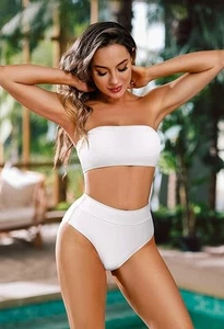Removable Strap Wrap Padded Bandeau Cheeky High Waist Bikini Swimsuit White M - Picture 1 of 6