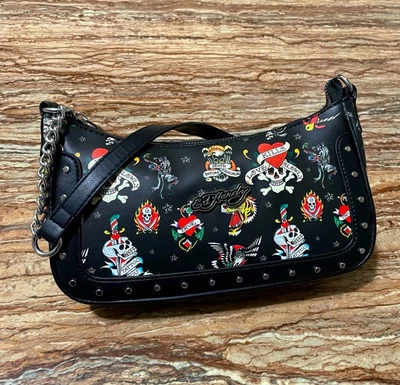 ED Hardy Bag Black Shoulder Bag Crossbody Iconic Logo Tattoo Print Handbag Purse - Image 1 of 4