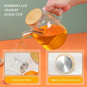 Glass Pitcher with Bamboo Lid 1800ml Glass Water Pitcher Heat Resistant stmDh - Picture 1 of 11