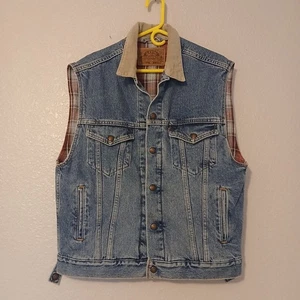 Chaleco de Camionero Levis Denim Vintage Franela a Cuadros Cuello Cordouroy M Años 90 Granja - Imagen 1 de 10