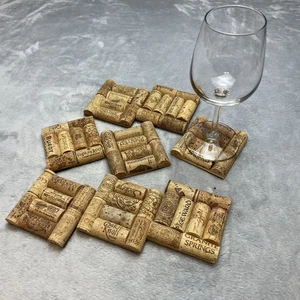 Handmade Wine Cork Coasters Set of 8 Rustic Cabin Entertaining Party Felt Lined - Picture 1 of 2