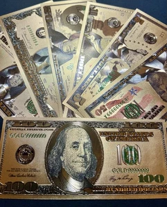 🔥 Estate Sale Find –  24K Gold Leaf Bill Notes $1-$100 | Novelty Currency  - Picture 1 of 14