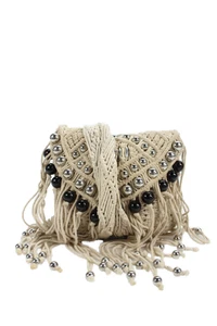Paco Rabanne Womens Crochet Knit Flap Open Beaded Crossbody Small Bag Nude OS - Picture 1 of 9