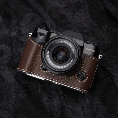 Funda protectora de cuero genuino vintage con media envoltura para cámara para Fujifilm X-T50 marrón Foto 1 de 4