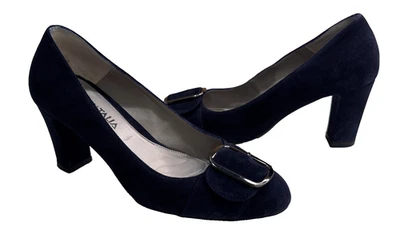 Aquatalia Sacchetto Blue Suede Pumps Size 7M Silver Buckle/Toe 3" Heel EUC - Image 1 of 4