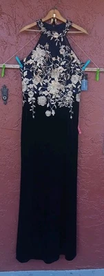 NWT Cachet NAVY GOLD Sleeveless MAXI Dress - Size 8 Medium VELVET Embroidered  - Image 1 of 4