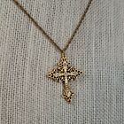 1928 Signed Clear Stone Cross Pendant Necklace 18” Chain Gold Tone Crucifix