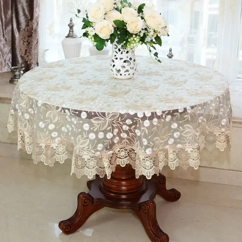 Round Embroidery Lace Tablecloth Dining Table Cover Cloths Home Decor - Image 1 of 4