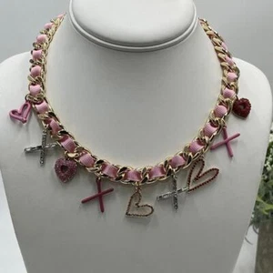 Betsey Johnson Gold ToneCharm XO Pink Ribbon Heart Crystal Choker Necklace New - Picture 1 of 8