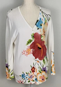 Finity Studio Cardigan Sz Medium White Embellished Sequins Flowers Sweater Rayon - Picture 1 of 10