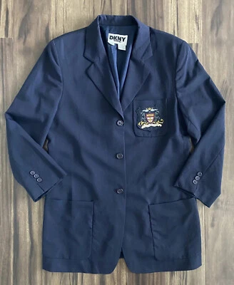 Blazer De Colección DKNY Mujer Mediano Azul Marino Chaqueta de Lana con Escudo Logo Preppy Foto 1 de 4