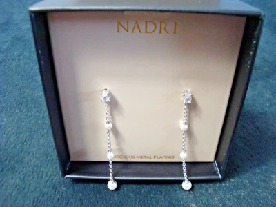 NADRI Cubic Zirconia & Imitation Pearl Linear Drop Earrings Silvertone NEW!!! - Image 1 of 4