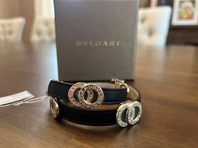 Authentic BVLGARI -New Black leather double-coiled bracelet - w/ tags, box,card - Image 1 of 4