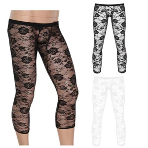 Mens Floral Lace Leggings See-through Long Pants Sheer Mesh Trousers Sissy Wear - Picture 1 of 19