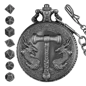7-teiliges Metall D&D Würfel Set im gravierten Taschenuhrgehäuse RPG Sammler Geschenke - Bild 1 von 12