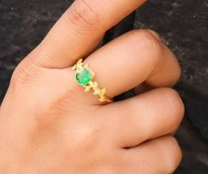 Radiant Cut Green Onyx Leaf Band Ring Sterling Silver Ring With Yellow Gold Plat - Picture 1 of 7
