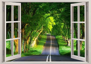Nature Green 3D Effect Window View Tree Forest Road Sticker Wall Poster Viny 197 - Picture 1 of 1