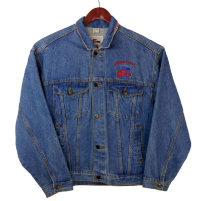 Jaqueta jeans caminhoneiro Planet Hollywood San Diego logotipo jeans bordada grande leitura - Imagem 1 de 4