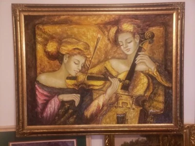 LADIES PLAY CELLO & VIOLIN MUSIC THEME FRAMED OIL PAINTING ON CANVAS  55X43 - Image 1 of 4