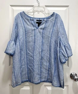 TAHARI Leinenhemd Damen 1X blau weiß gestreift Glockenärmel ellenbogenlang - Bild 1 von 6