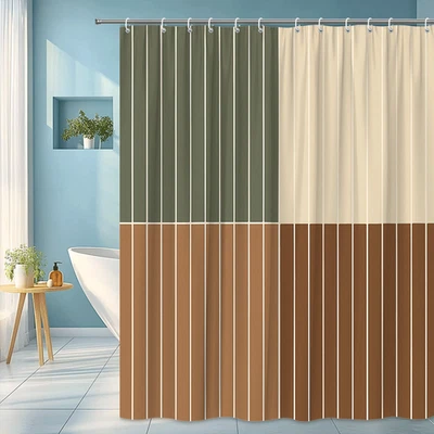 Cortina de Ducha Boho Rayas Verdes y Marrón - Tela Impermeable Foto 1 de 4
