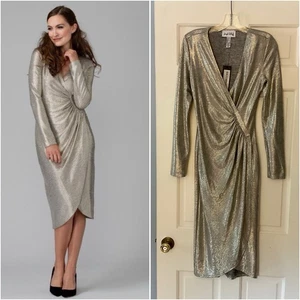 Joseph Ribkoff Metallic Ruched Dress Gold Silver Faux Wrap US Size 4 NWT Party - Picture 1 of 11