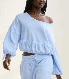 Aerie Endless Summer Cropped Sweatshirt Puff Sleeve Eyelet Blue Oversized XS - Picture 1 of 6