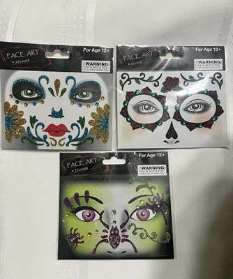 Pegatinas arte facial brillo Halloween (paquete de 3) araña ~ rosas ~ flores ~ TODAS NUEVAS Foto 1 de 4