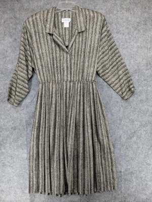 Vintage Leslie Fay Dress Womens 16 Black Beige Pleated Office Career USA 80s - Image 1 of 4