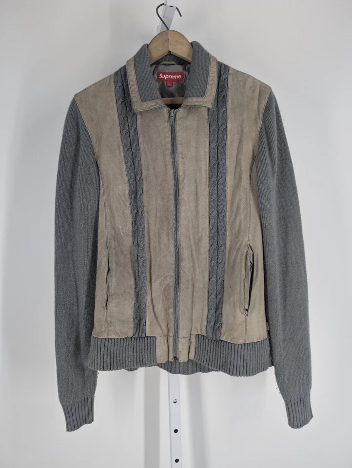 Supreme FW 2009 замшевый кабель трикотажа молнии свитер серый большой редкая итальянский мод 70-х - Изображение 1 из 4