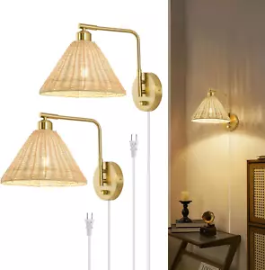 Rattan Plug in Wall Sconces Set of 2, Gold Wall Lamps with Plug in Cord and Dimm - Picture 1 of 7