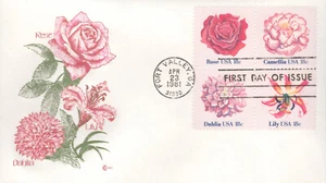 Bloque FDC 1981 - Scott # 1876-79 - Flores - Cachet Craft con tarjeta - Imagen 1 de 2