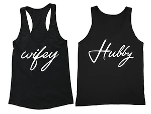 Couples Matching Tanks Wifey Hubby Matching Couple Vneck + Crewneck Tanktops Blk - Picture 1 of 1