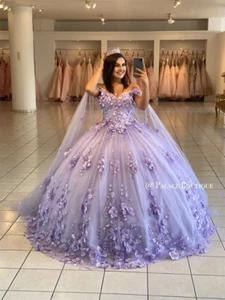 Lavender Quinceanrea Dresses 3D Flowers with Cape Sweet 15 Party Ball Gown - Picture 1 of 7
