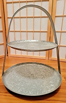 POTTERY BARN Rustic 2 Tier Galvanized Tin Stacked Serving Tray 16" Tall - Image 1 of 4