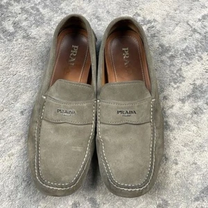 Prada Gray Suede Slip On Logo Loafers Mens Driving Moccasin Sz 9.5 - Picture 1 of 11