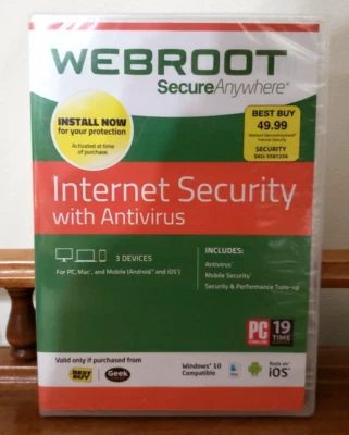 WEBROOT ANYWHERE INTERNET SECURITY ANTIVIRUS PC MAC  MOBILE ANDROID iOS 3 Device - Image 1 of 2