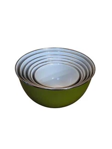Vintage Avocado Green Enamelware Nesting Mixing Bowls – Set of 6 - Picture 1 of 8