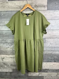 New Look Curves Casual Dress Size UK 20 Khaki Green Jessie Babydoll Cotton - Picture 1 of 11