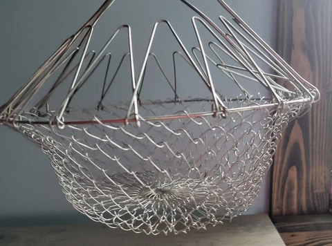 Vintage Egg Gathering or Veggie Basket Wire Mesh Collapsible w/ Handles 9” Cover