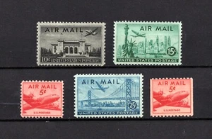 1947-48  Plane Over + Skymaster US Airmail Set of 5 Stamps C33 - C37 OG MNH - Picture 1 of 2