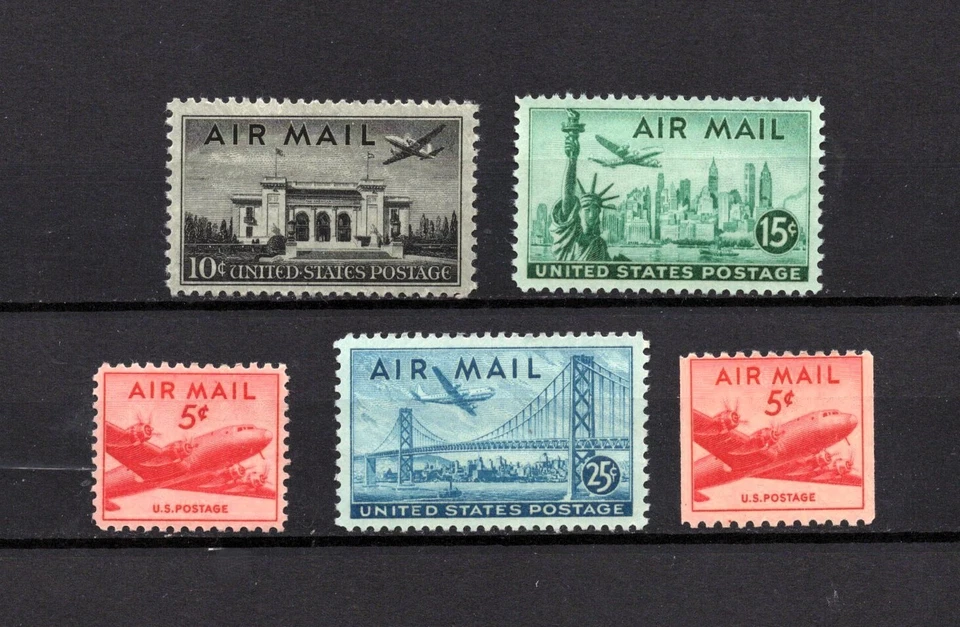 1947-48  Plane Over + Skymaster US Airmail Set of 5 Stamps C33 - C37 OG MNH - Image 1 of 2
