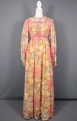 Maxi Vestido Pradera Acuarela Marrón y Rosa Años 70 De Colección Para Mujer Vestido Largo Talla S/M Foto 1 de 4