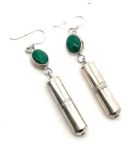 Vintage 925 Sterling Silver Oval Malachite Dangle Drop Earrings 6.3g - Picture 1 of 8
