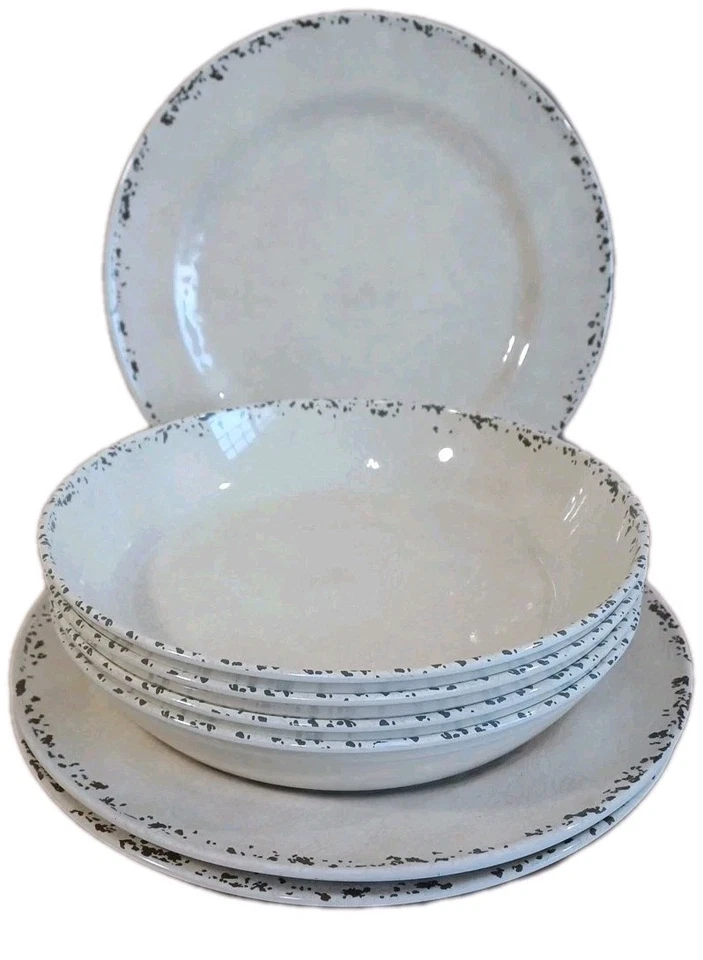 8 Pc Tommy Bahama Melamine Plate & Bowl Set, Beige Brown Crinkle, New - Image 1 of 1