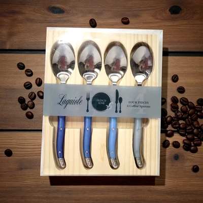Juego de 4 cucharas de café para el hogar francés Laguiole tonos de azul de acero inoxidable Foto 1 de 4