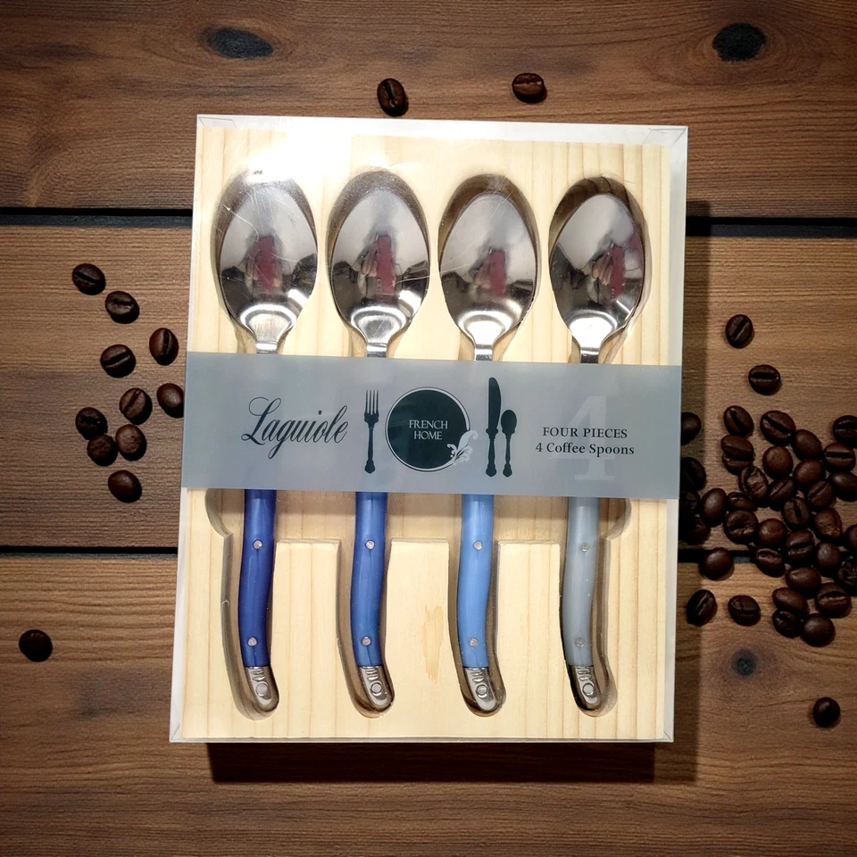 Juego de 4 cucharas de café para el hogar francés Laguiole tonos de azul de acero inoxidable Foto 1 de 4