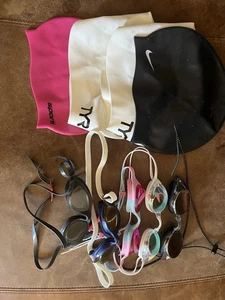 5 Swim Goggles & 4 Swimming Caps Lot- Tyr, Nike, Resurge, Hurley, Darido, Speedo - Picture 1 of 12
