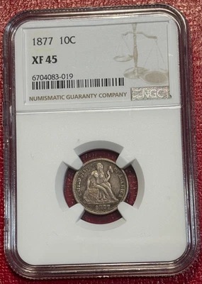 DUAL TONING NGC XF45 1877 P 10C  LIBERTY SEATED SILVER DIME-SEP313 - Image 1 of 4